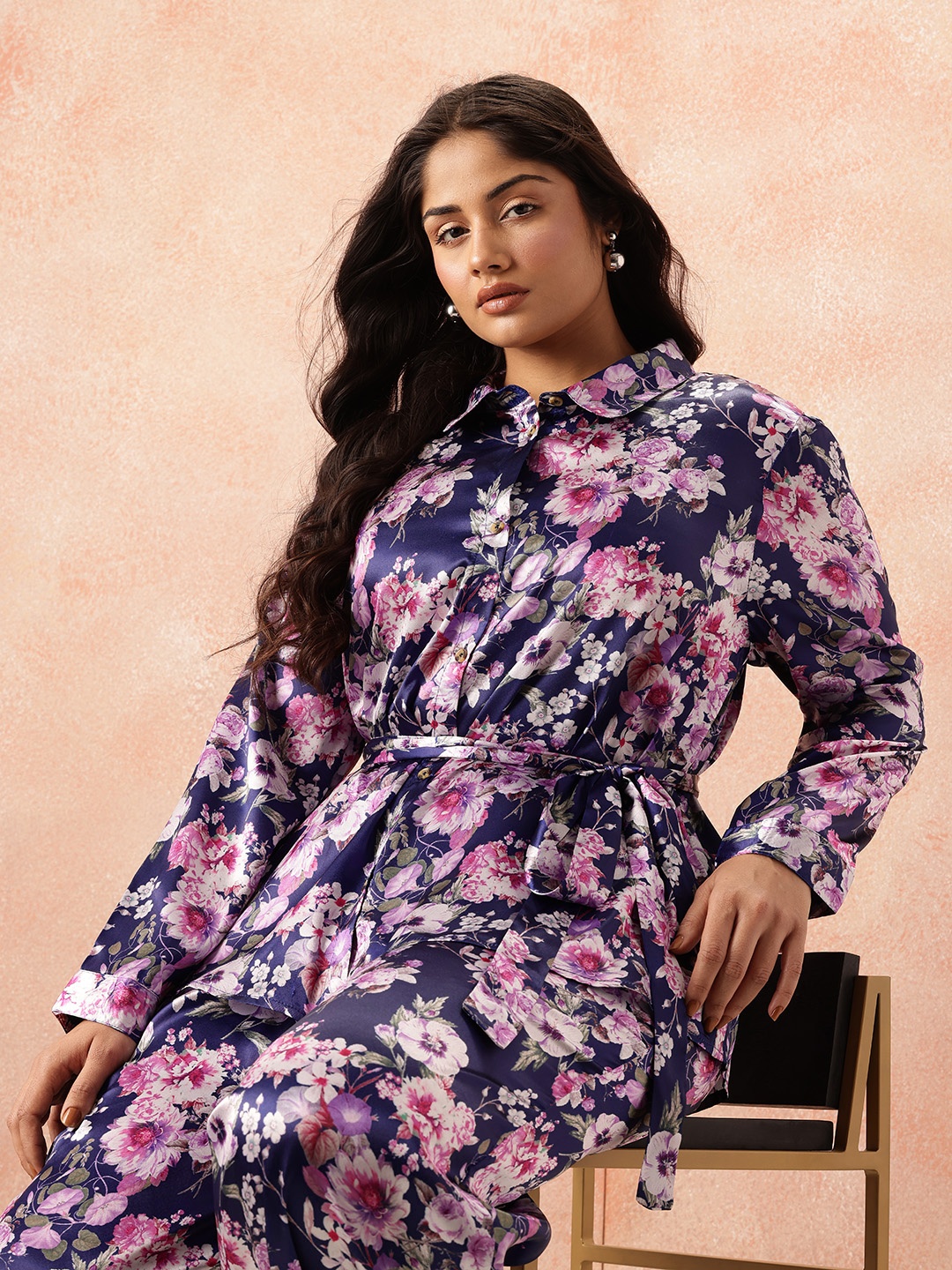 

all about you Plus Size Floral Print Co-Ords With a Tie-ups Belt, Blue
