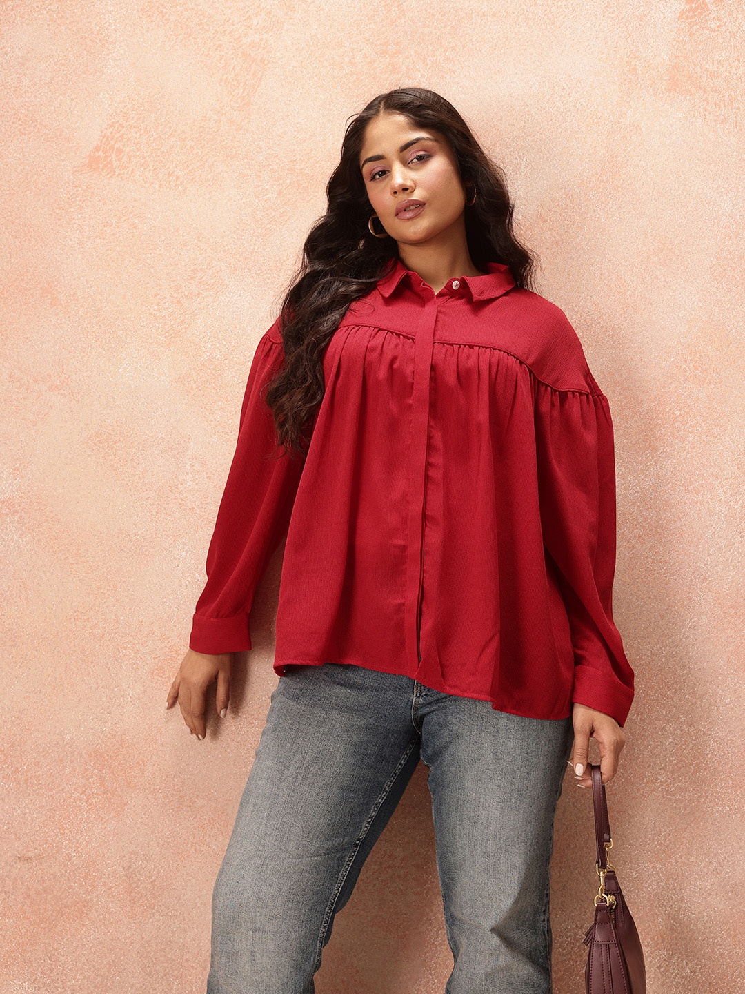 

all about you Plus Size Puff Sleeves Shirt Style Longline Top, Maroon