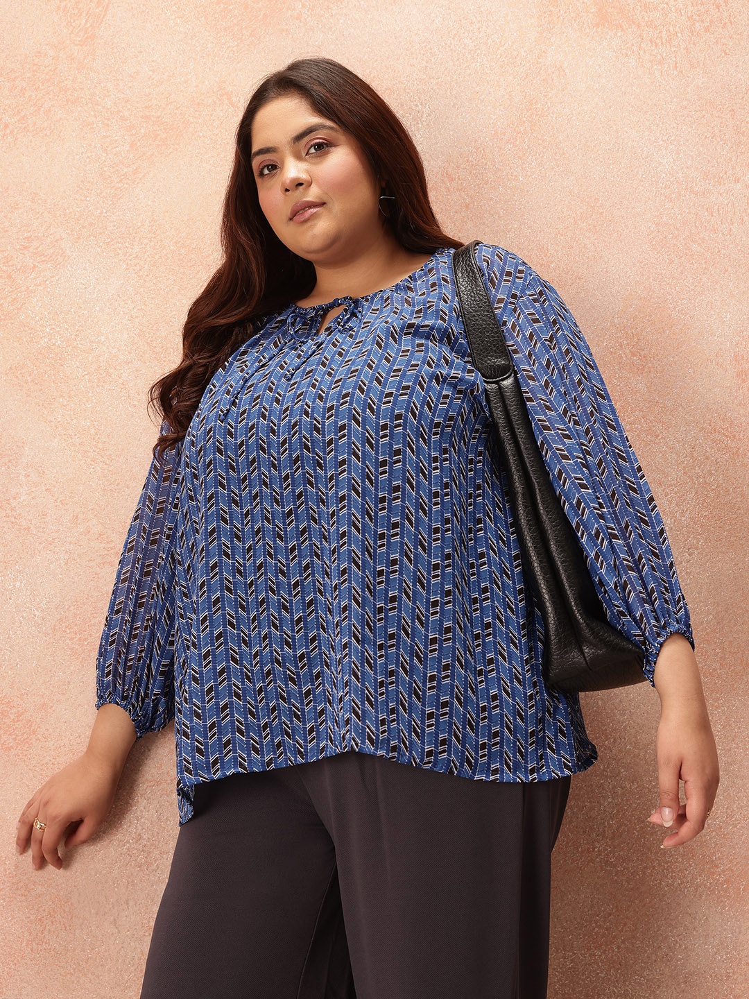 

all about you Plus Size Striped Tie-Up Neck Puff Sleeve Top, Blue