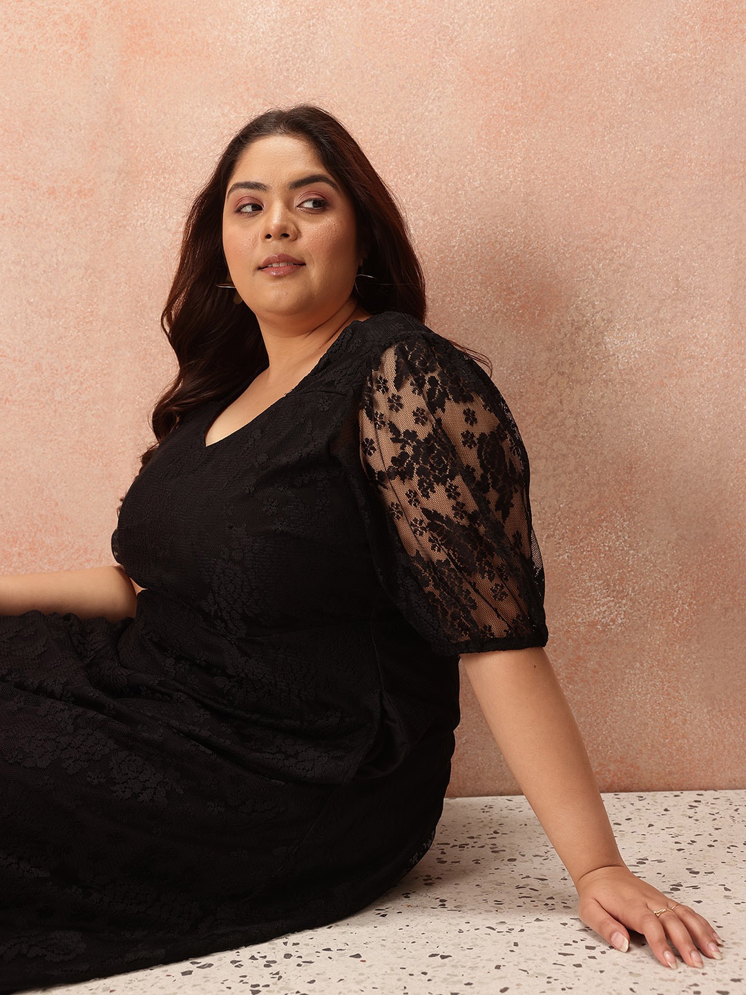 

all about you Plus Size Lace Puff Sleeve Empire Midi Dress, Black