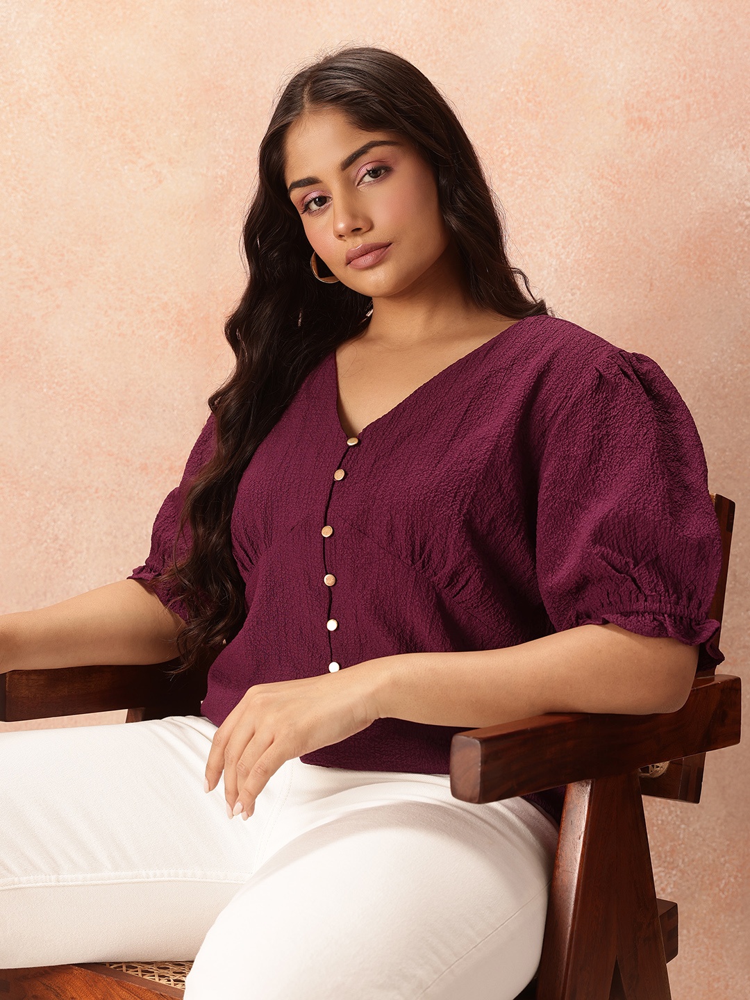

all about you Plus Size Puff Sleeve Shirt Style Top, Burgundy