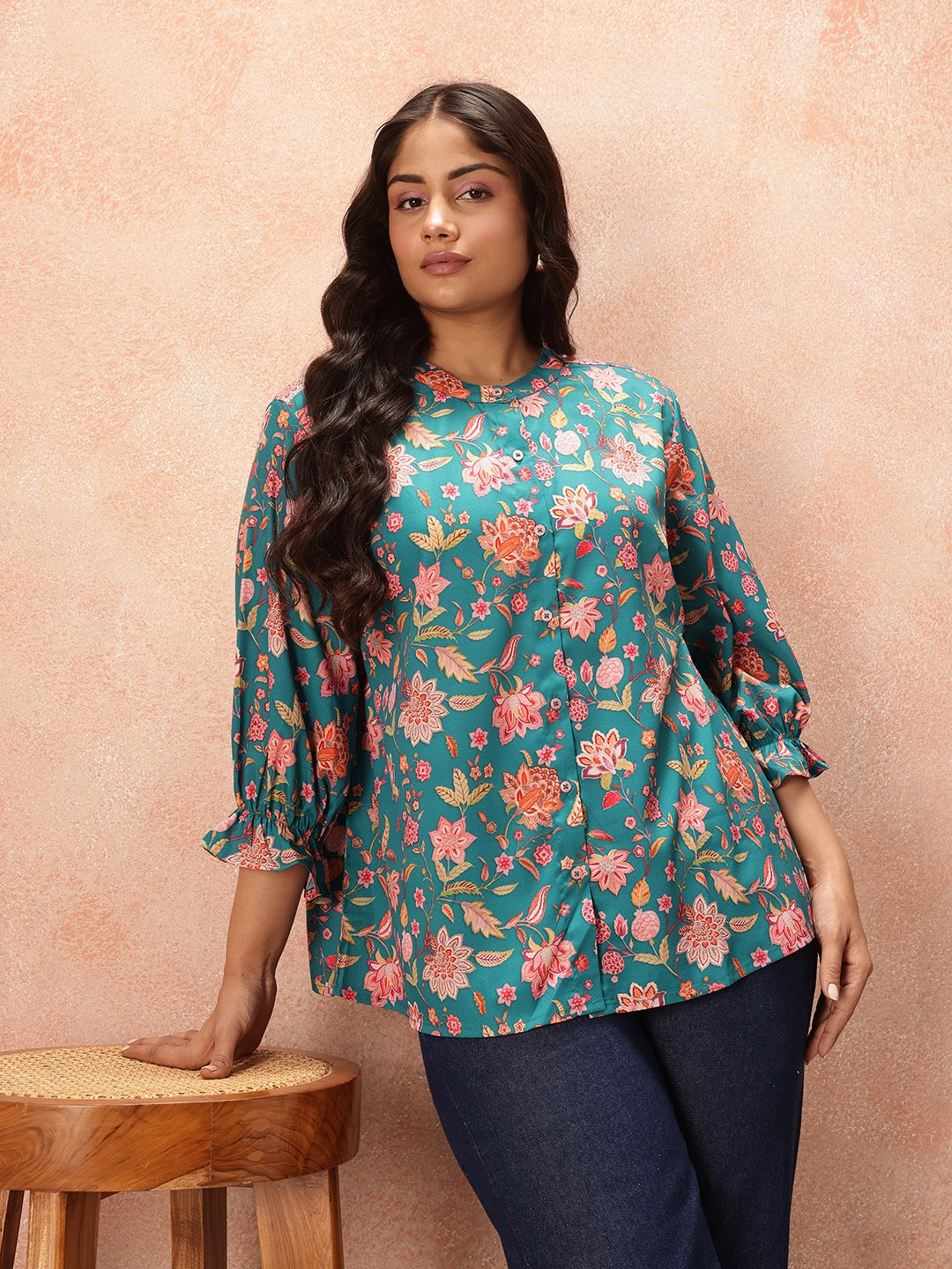 

all about you Plus Size Floral Print Mandarin Collar Puff Sleeve Shirt Style Top, Teal