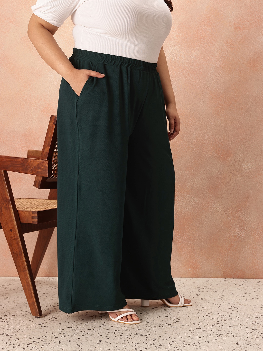 

all about you Plus Size Women Mid-Rise Flared Fit Wide Leg Trousers, Green