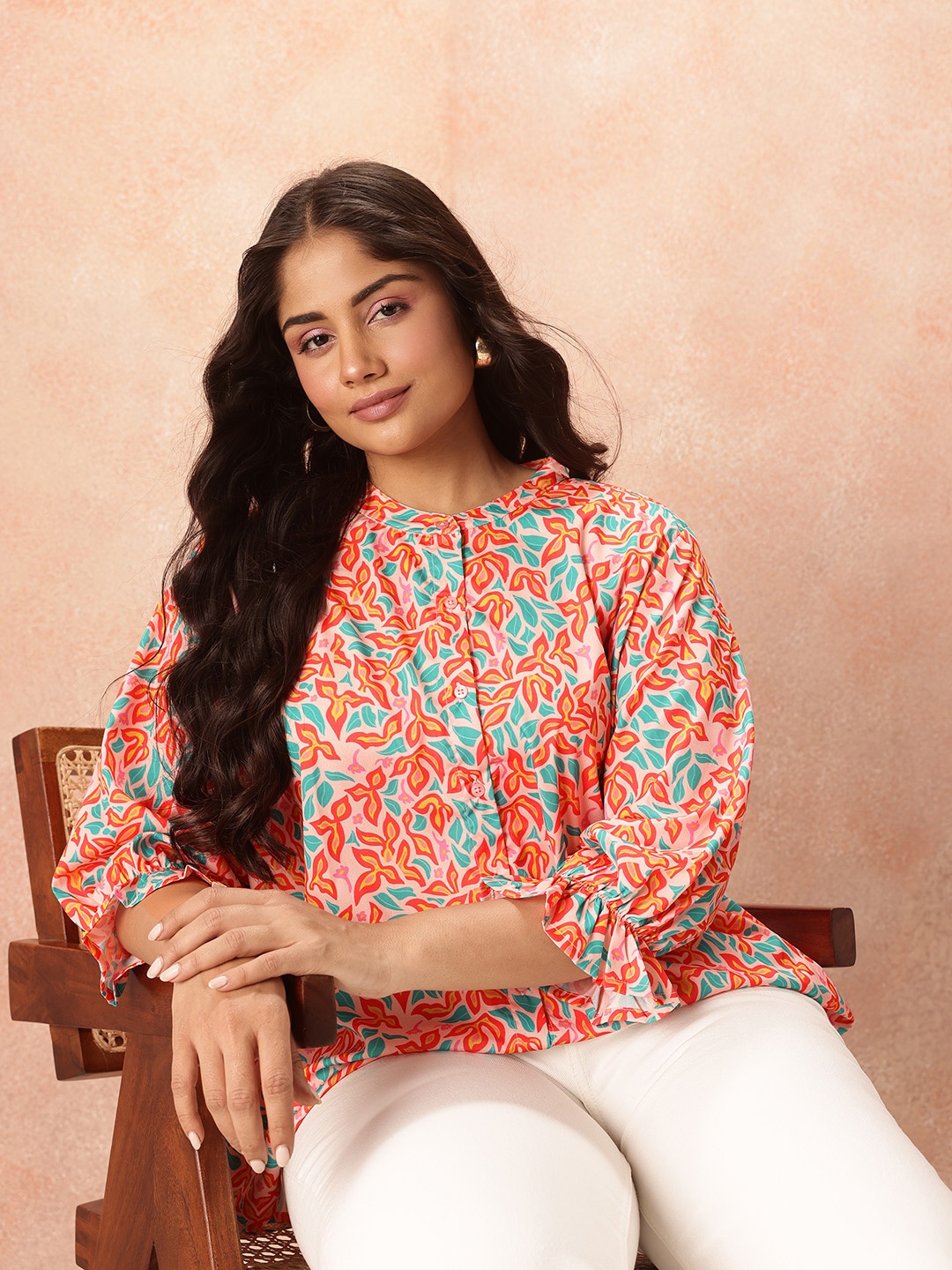 

all about you Plus Size Floral Print Mandarin Collar Puff Sleeve Shirt Style Top, Peach