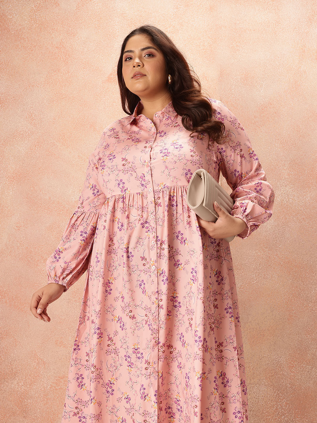 

all about you Floral Print Shirt Style Midi Dress, Rose