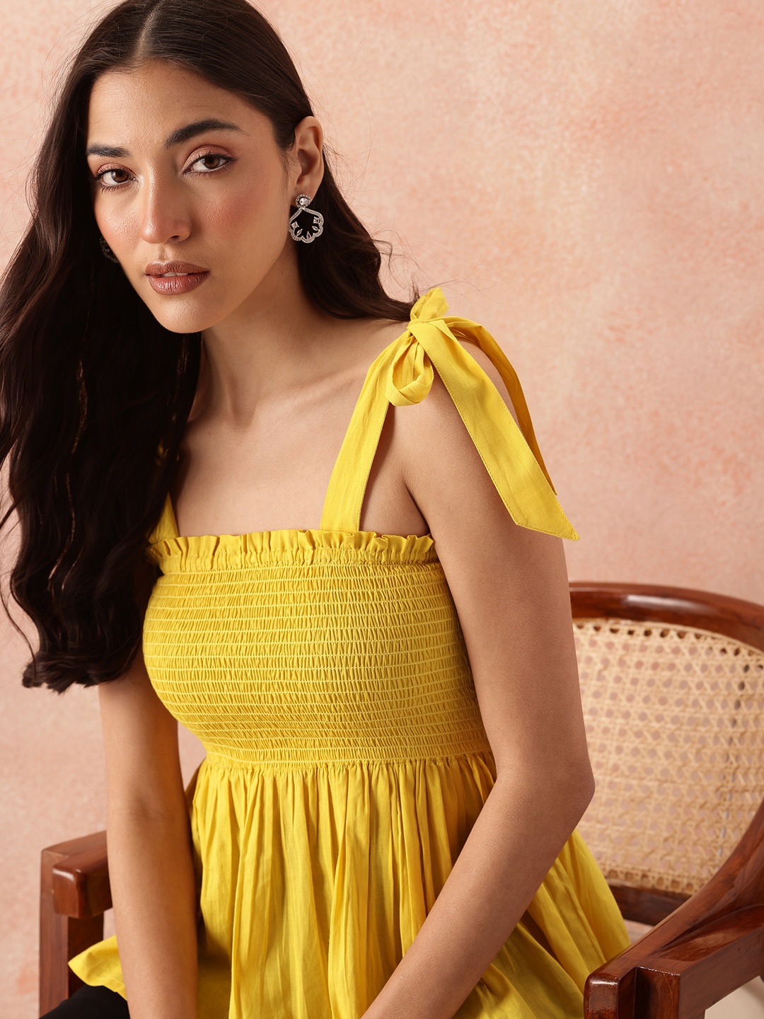 

all about you Smocked Effect Tie-Up Detail Shoulder Straps Pure Cotton Peplum Top, Yellow