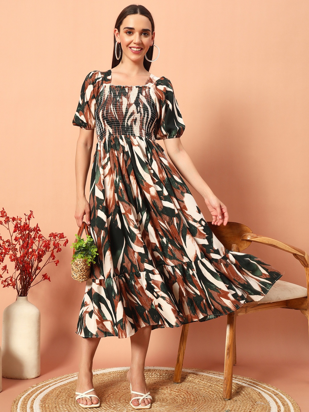 

OTABU Printed Fit and Flare Puff Sleeve Midi Dress, Cream