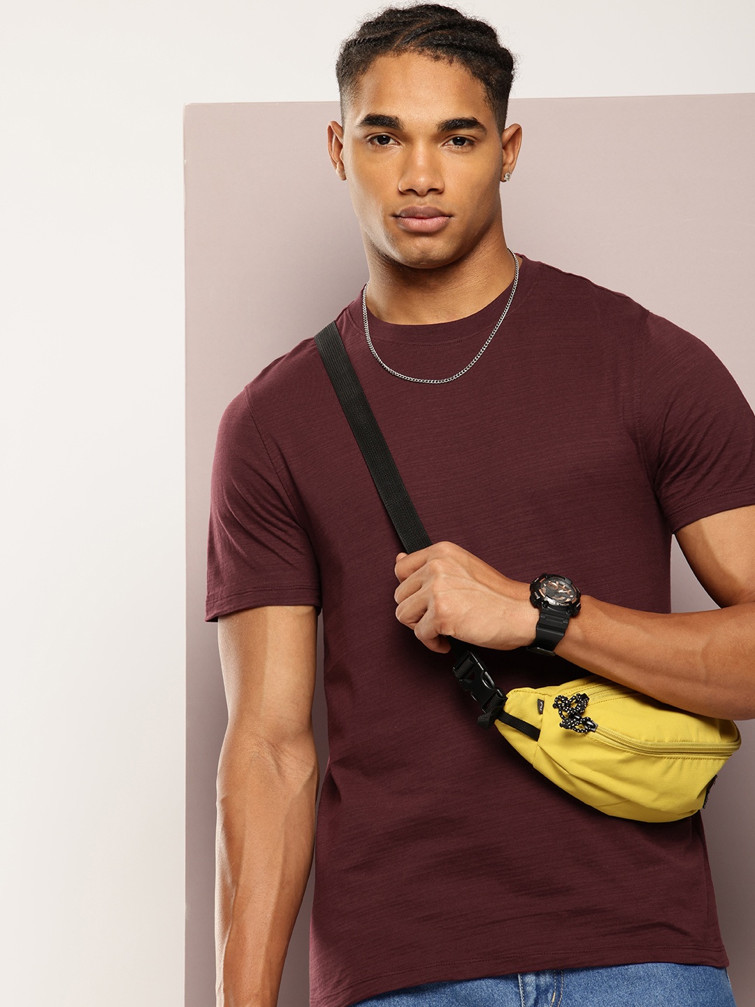 Kook N Keech Textured Crew Neck T-shirt, Burgundy
