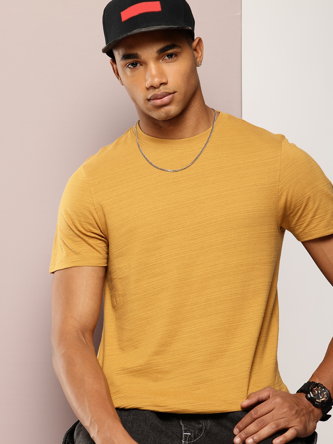 

Kook N Keech Textured Crew Neck T-shirt, Mustard