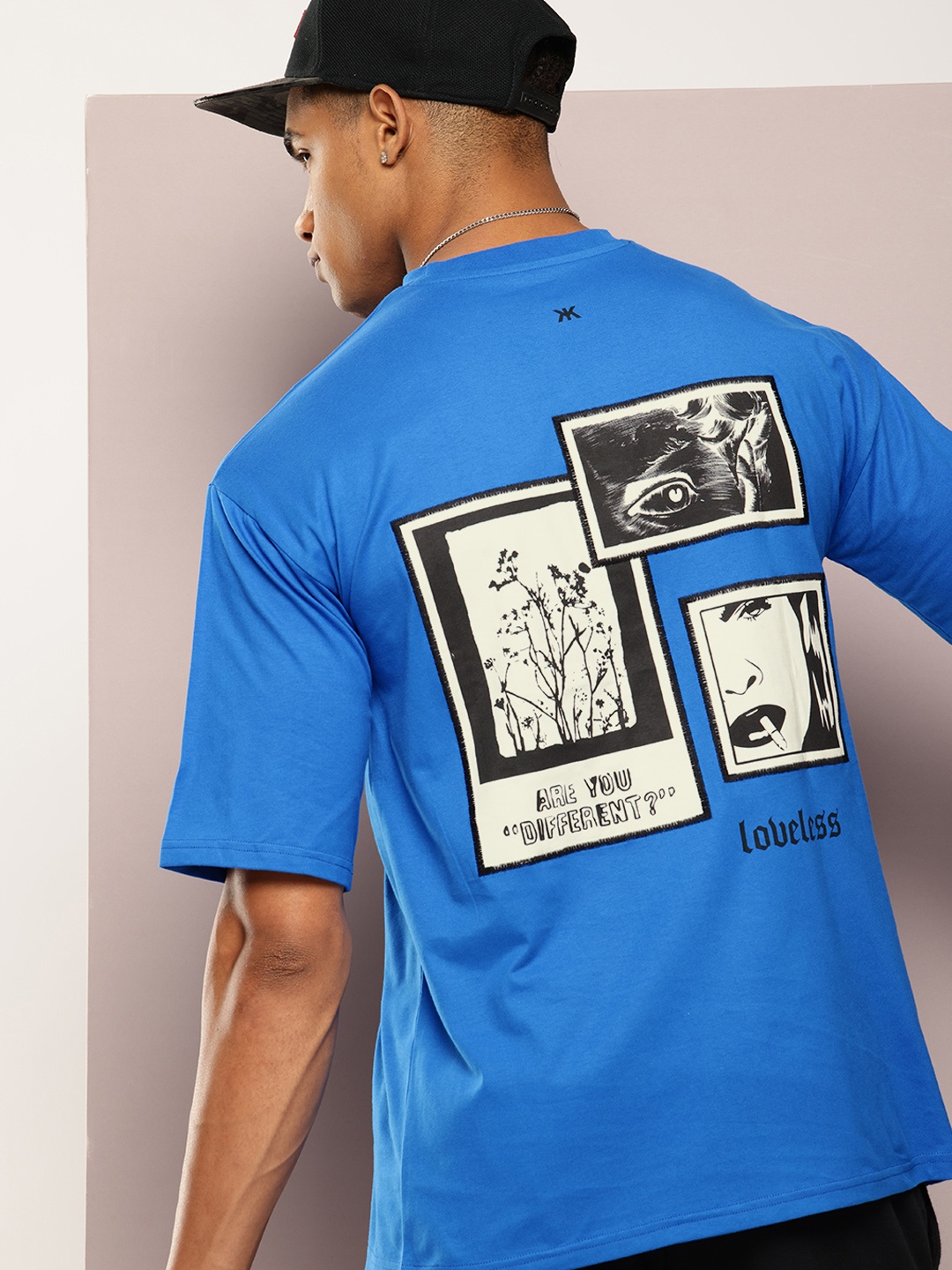 Kook N Keech Printed Drop-Shoulder Sleeves Oversized T-shirt with Pocket, Blue