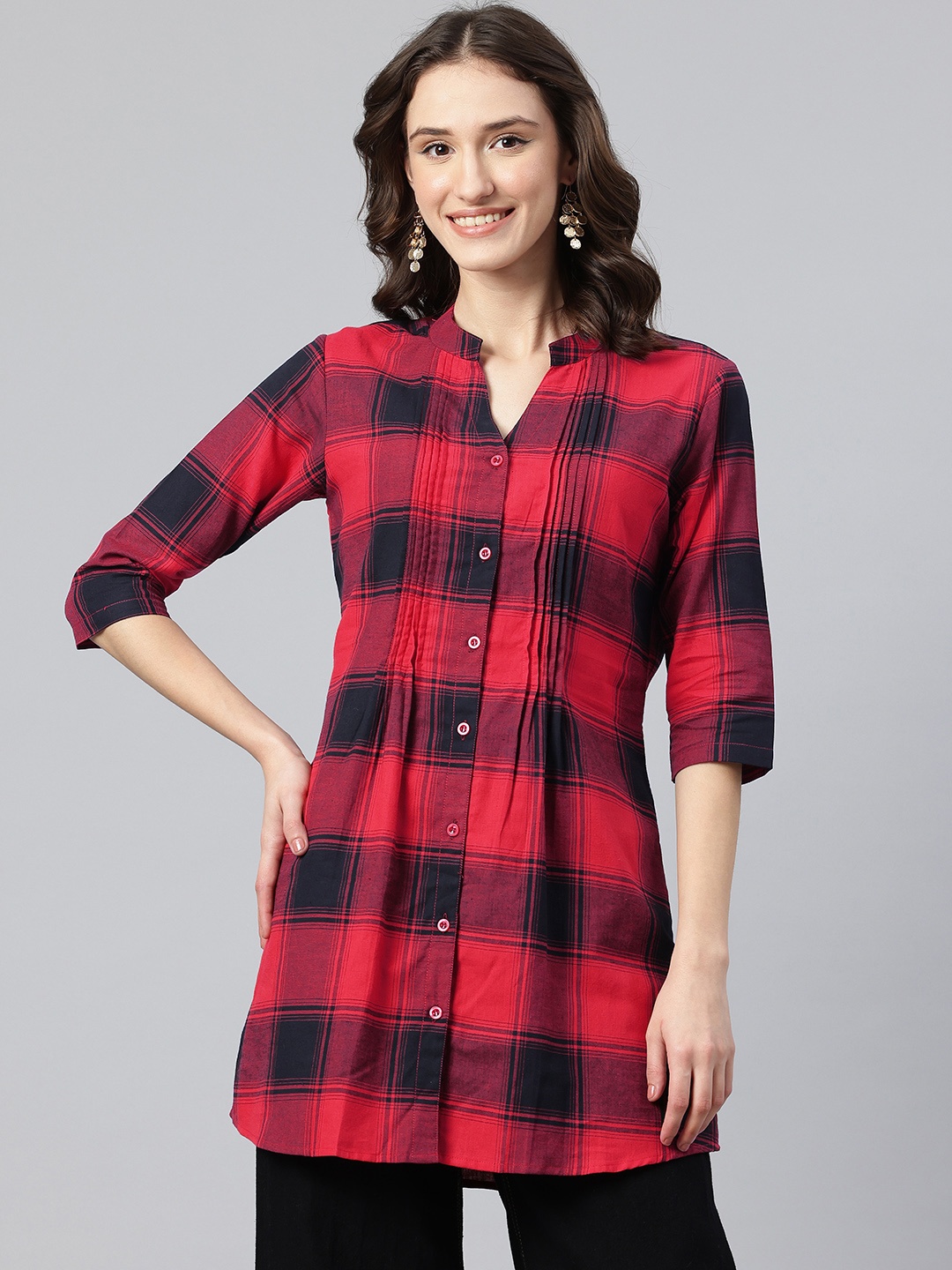 

One Femme Checked Pure Cotton Pin Tucks Kurti, Red