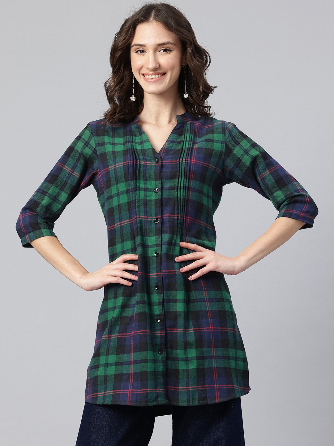 

One Femme Checked Pure Cotton Pleated Kurti, Green