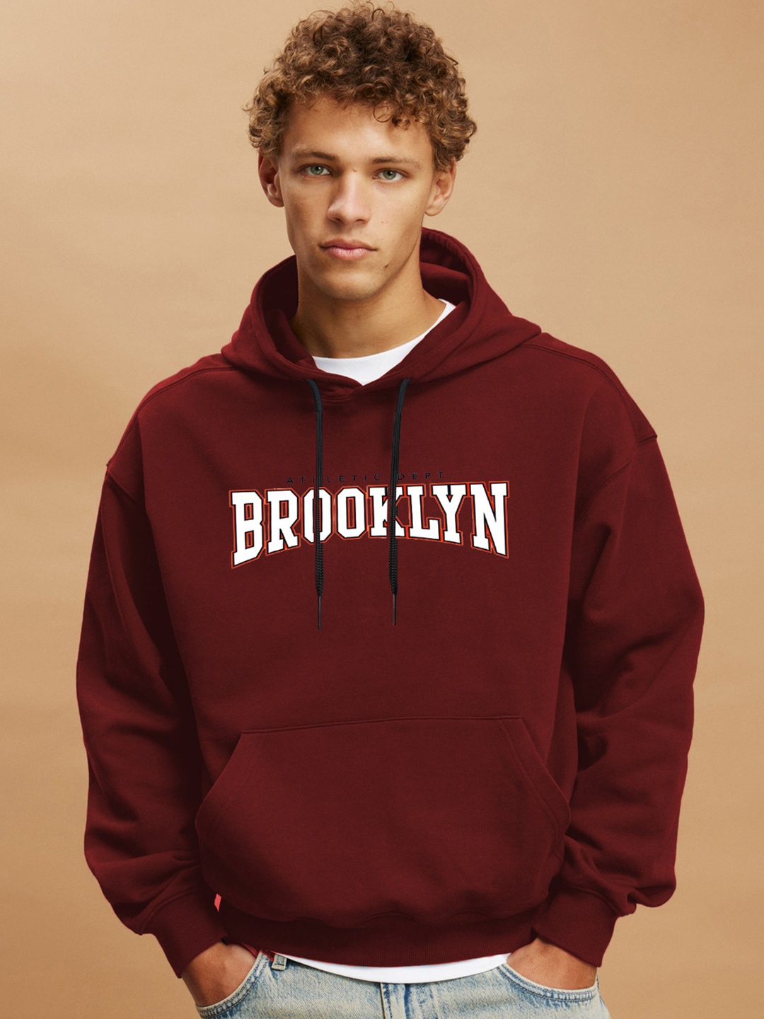 Genzy Men Typography Printed Hooded Pockets Boxy T-shirt, Maroon
