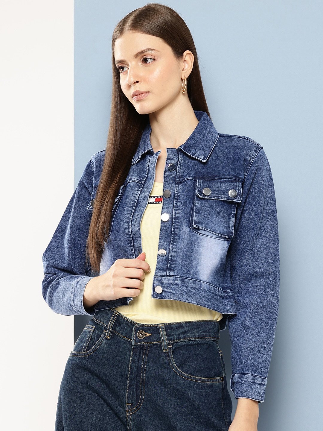 

Aarika Washed Cropped Denim Jacket, Navy blue
