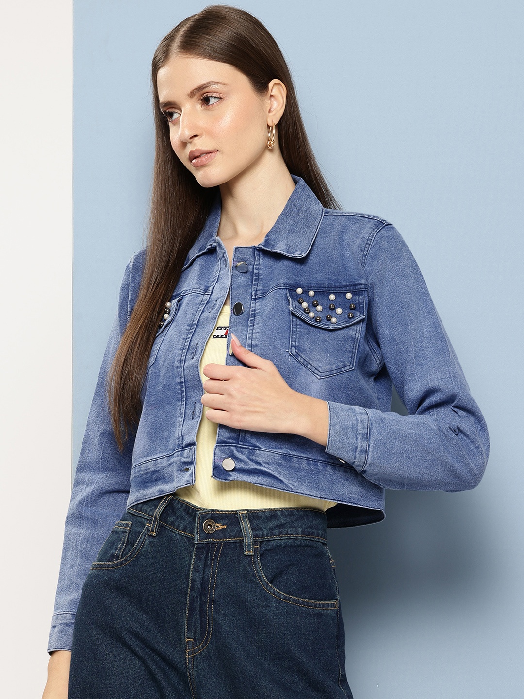 

Aarika Washed Cropped Denim Jacket with Beads Studded Detail, Blue