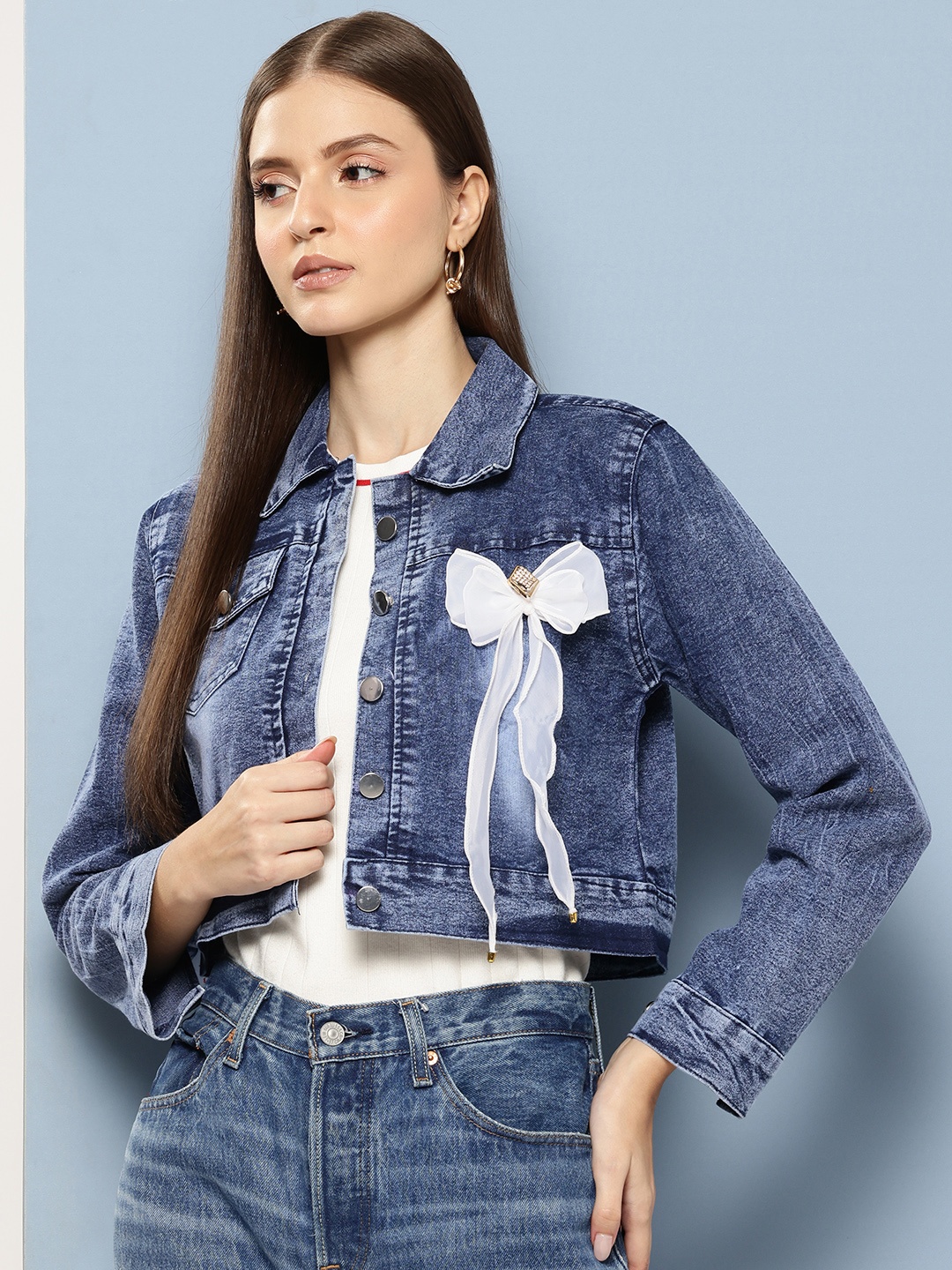 

Aarika Washed Cropped Denim Jacket with Bow Detail, Navy blue