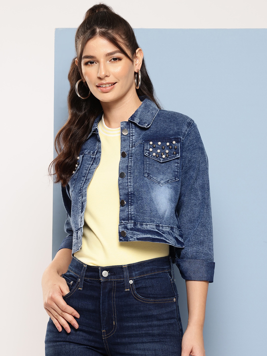 

Aarika Washed Beads Studded Cropped Denim Jacket, Navy blue