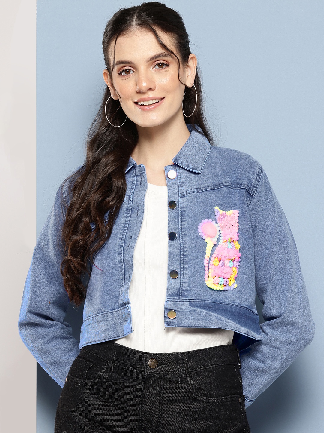

Aarika Washed Cropped Denim Jacket with Patchwork, Blue