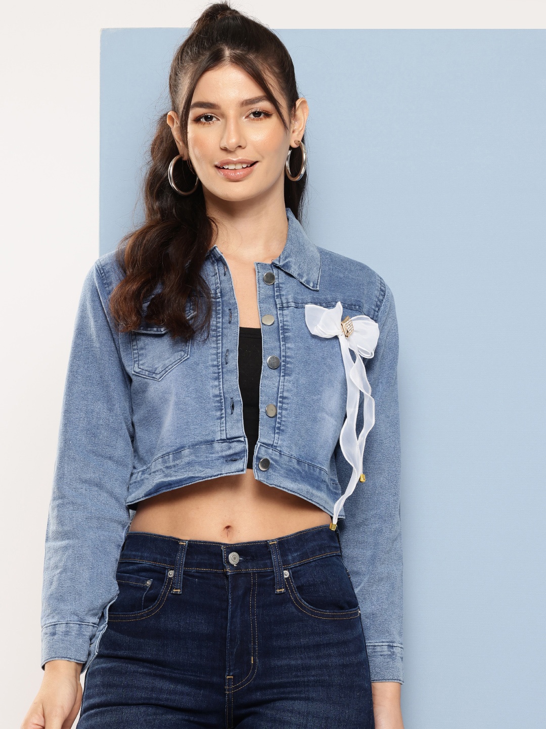 

Aarika Washed Cropped Denim Jacket with Bow Detail, Blue