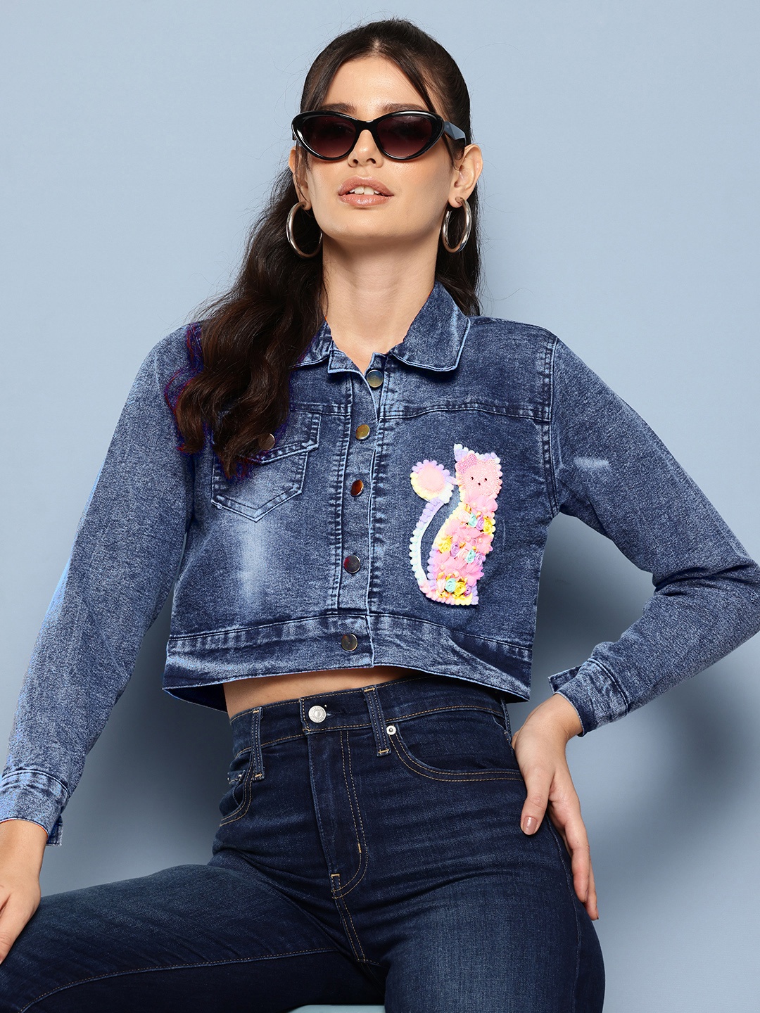 

Aarika Washed Cropped Denim Jacket with Patchwork, Navy blue