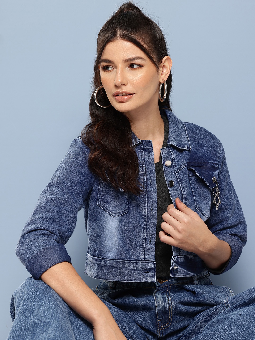 

Aarika Washed Cropped Denim Jacket, Navy blue