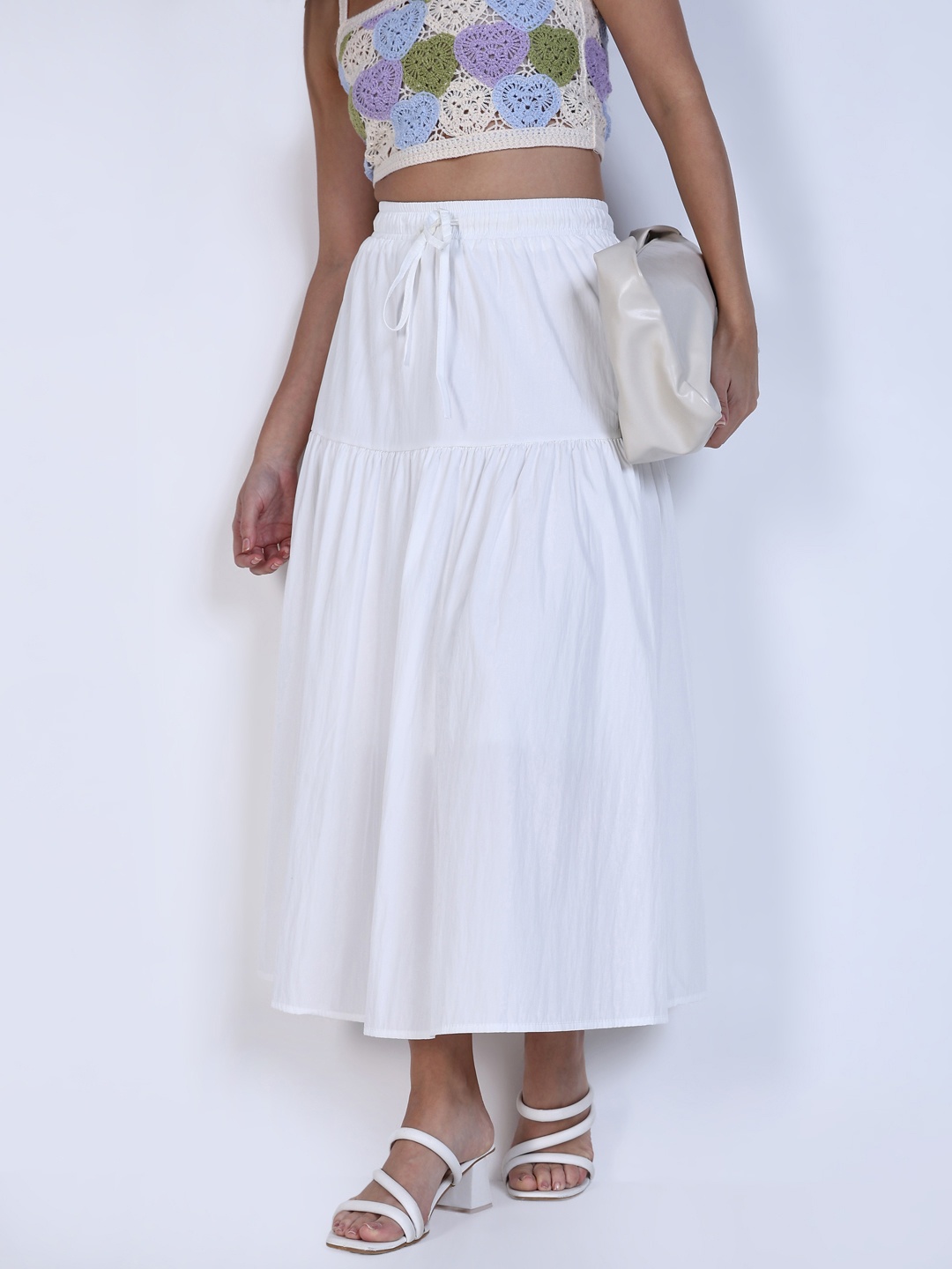 

SHOWOFF Flared Gathered or Pleated Drawstring Midi Skirt, White