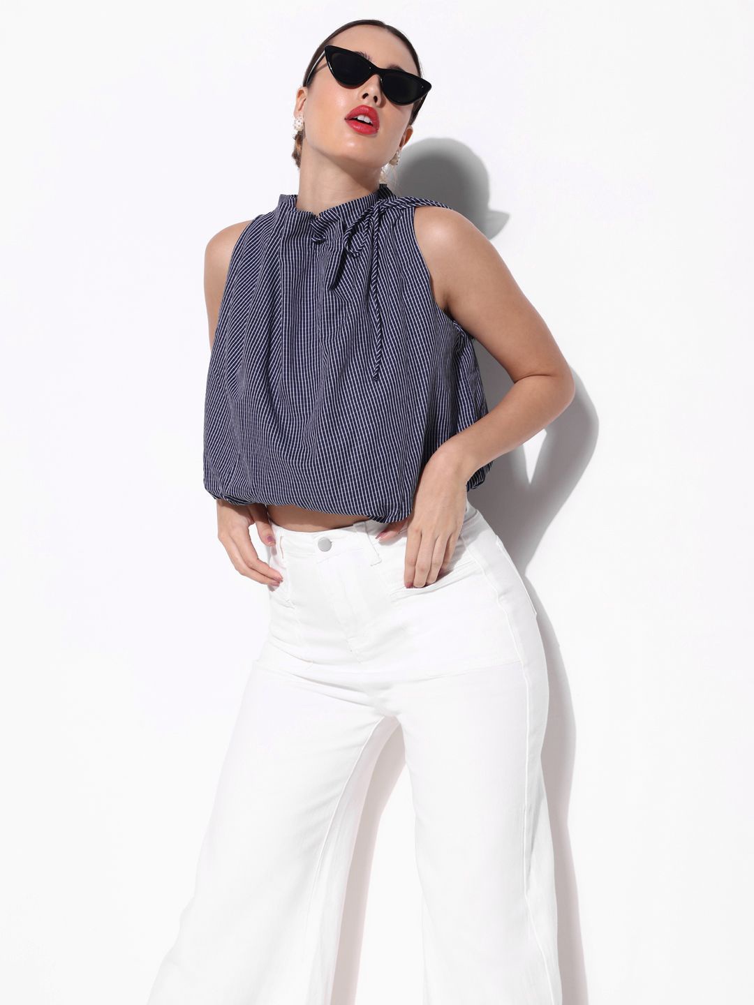 

SHOWOFF Women Cotton Striped Tie-Up Neck Blouson Crop Top, Navy blue