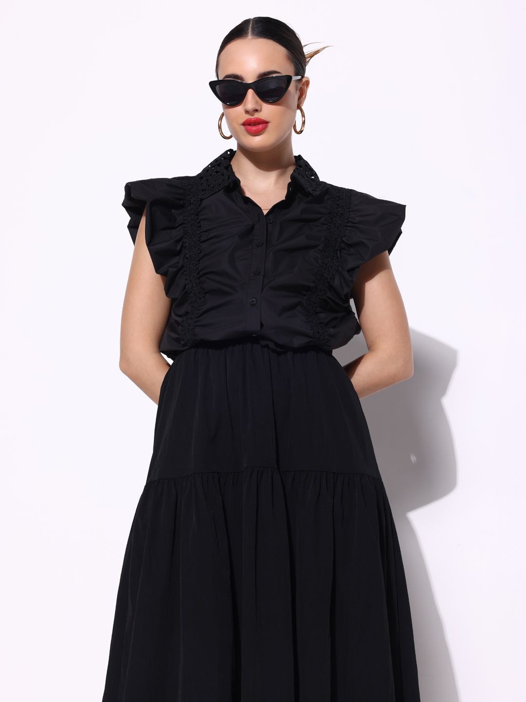 

SHOWOFF Women Cotton Crop Shirt Style Top, Black