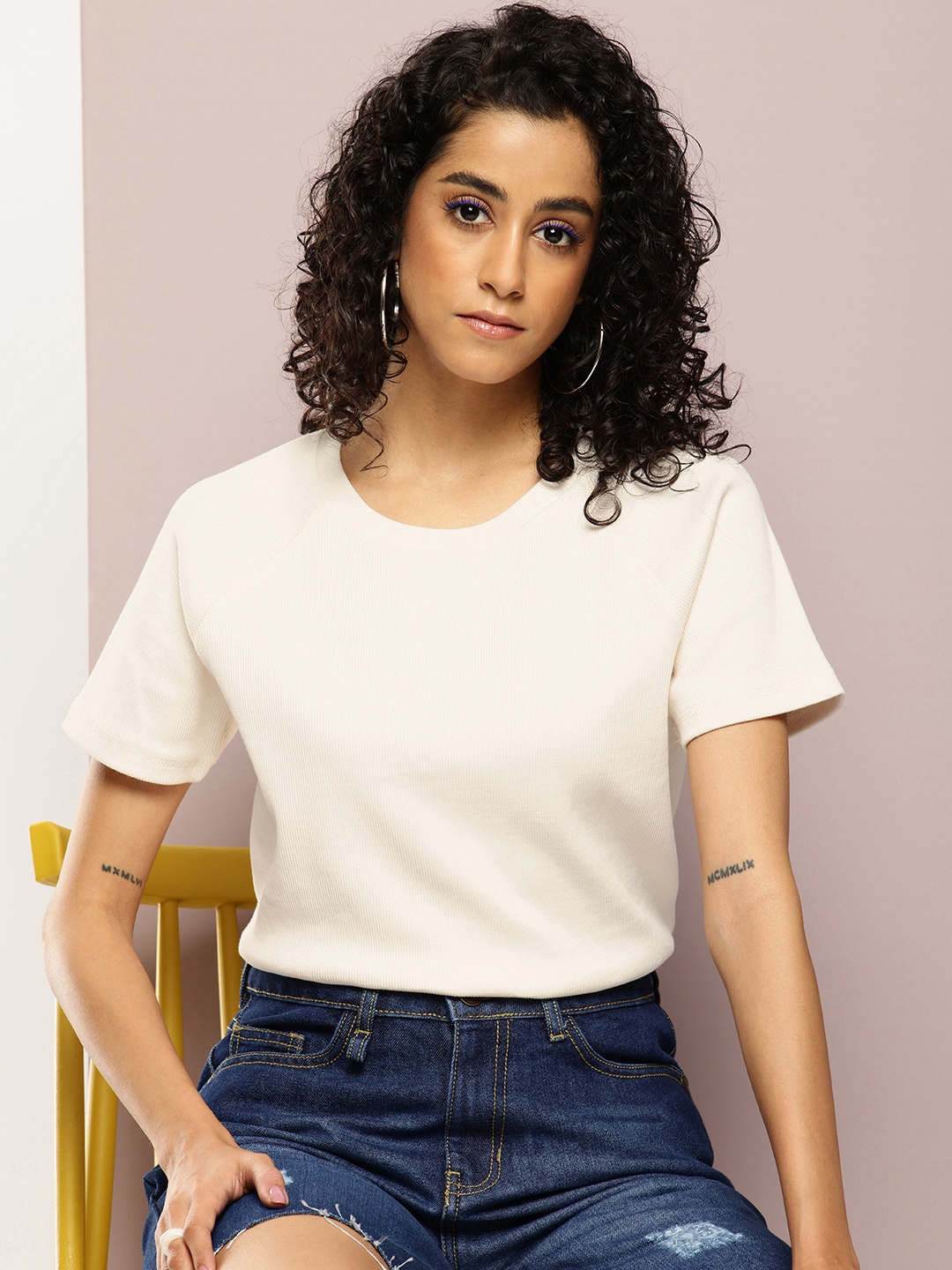 

Kook N Keech Crew Neck Raglan Sleeve Ribbed T-shirt, Off white
