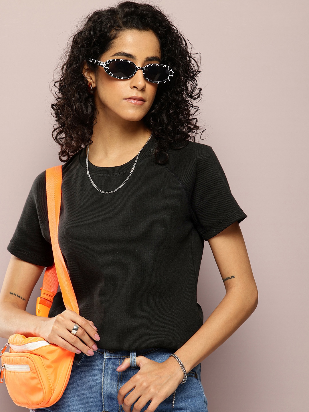 

Kook N Keech Crew Neck Raglan Sleeve Ribbed T-shirt, Black
