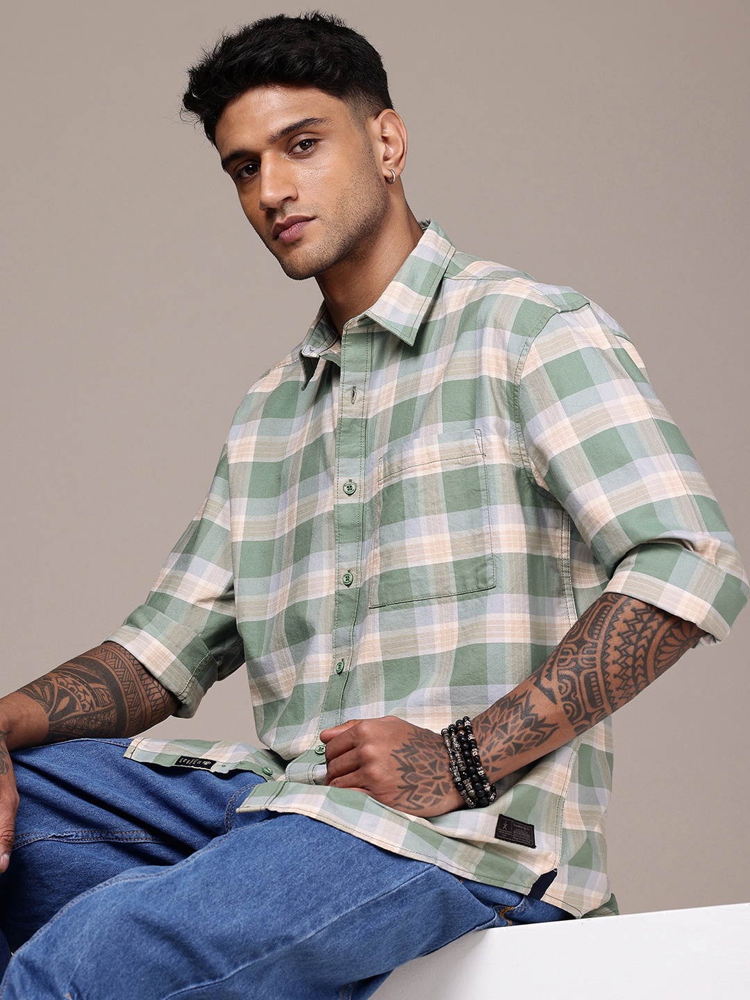 

The Roadster Life Co. Pure Cotton Checked Drop-Shoulder Sleeves Relaxed Fit Casual Shirt, Green