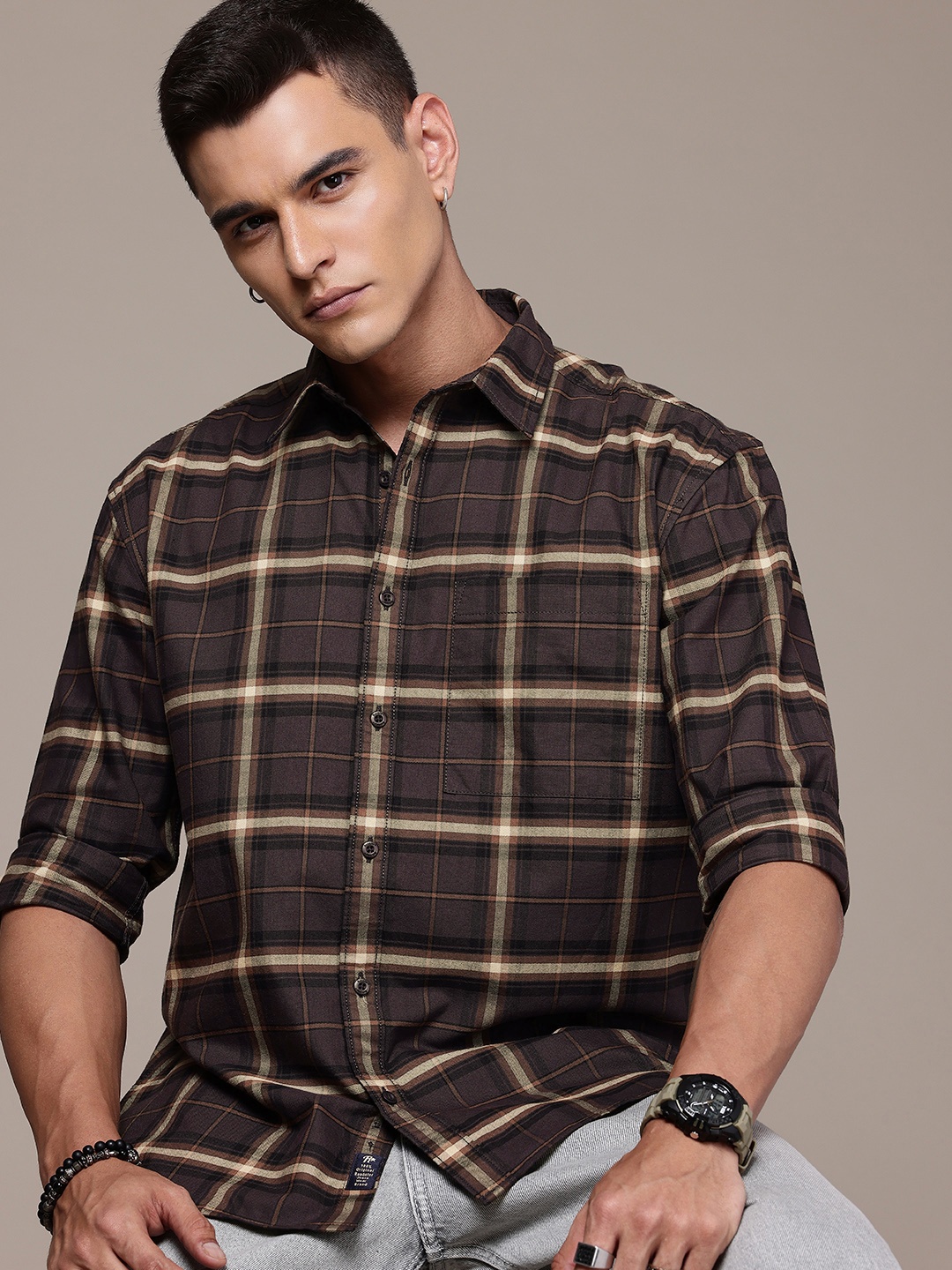 

The Roadster Life Co. Relaxed Fit Checked Drop-Shoulder Sleeves Pure Cotton Casual Shirt, Brown