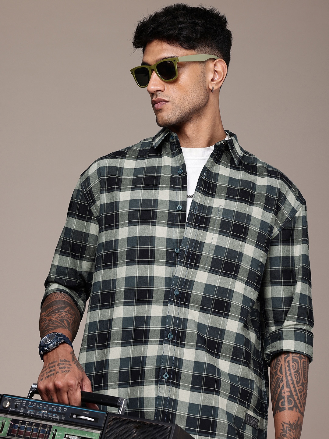 

The Roadster Life Co. Pure Cotton Relaxed Fit Checked Shirt, Green