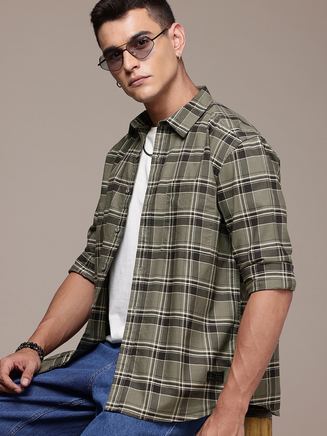 

The Roadster Life Co. Relaxed Fit Checked Drop-Shoulder Sleeves Pure Cotton Casual Shirt, Olive