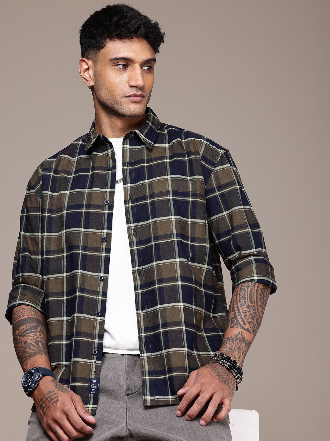 

The Roadster Life Co. Pure Cotton Relaxed Fit Checked Shirt, Olive