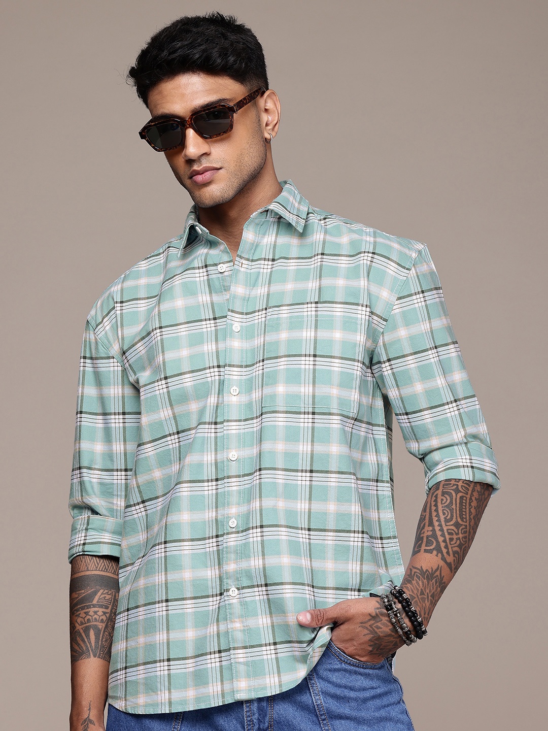 

The Roadster Life Co. Pure Cotton Checked Drop-Shoulder Sleeves Relaxed Fit Casual Shirt, Blue