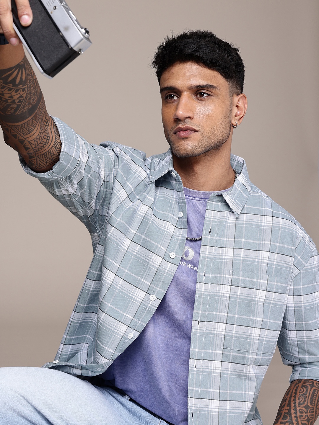 

The Roadster Life Co. Pure Cotton Relaxed Fit Checked Shirt, Blue