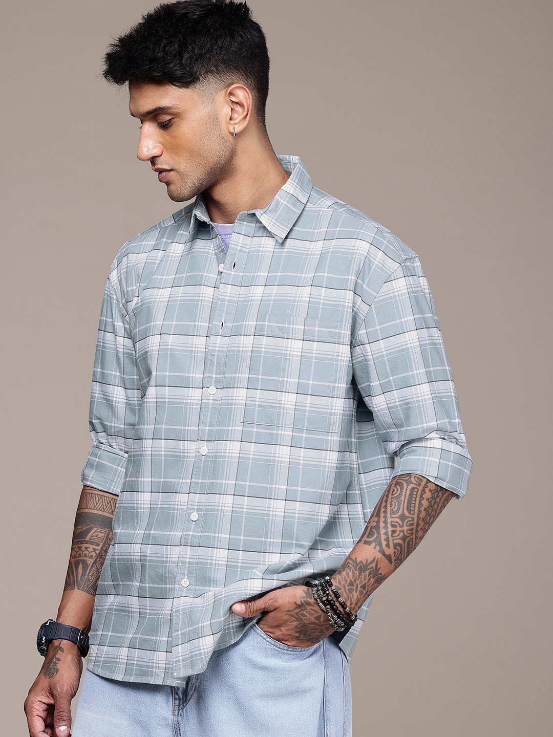 

The Roadster Life Co. Pure Cotton Relaxed Fit Checked Shirt, Blue