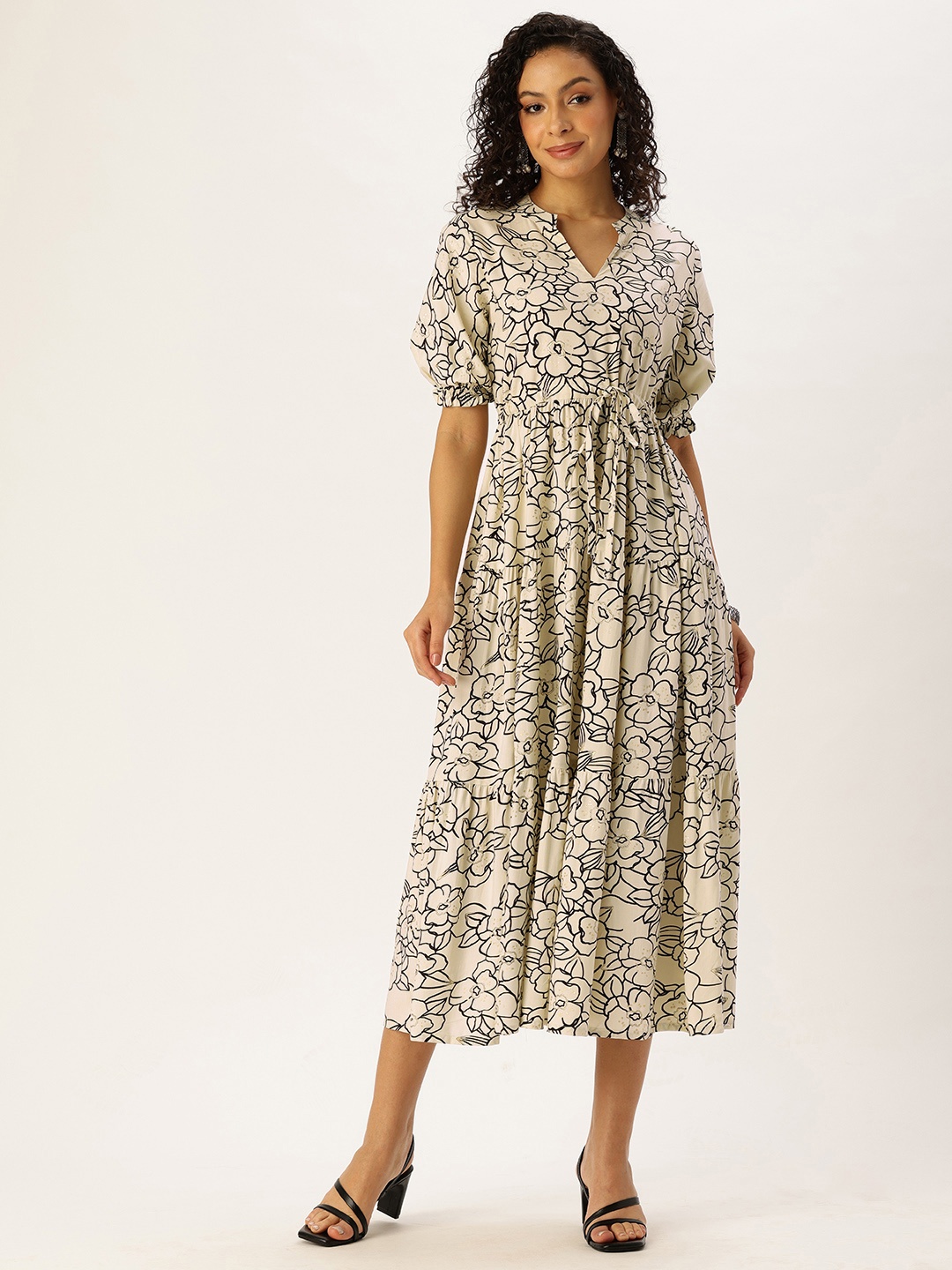 

AMUKTI Floral Printed Waist Tie-Up Fit & Flare Midi Dress, Off white