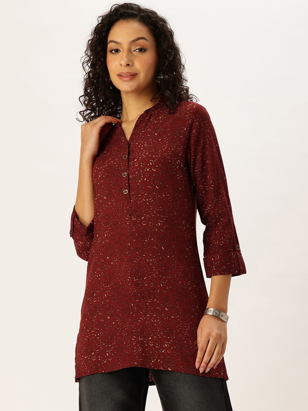 

AMUKTI Mandarin Collar Printed Tunic, Maroon