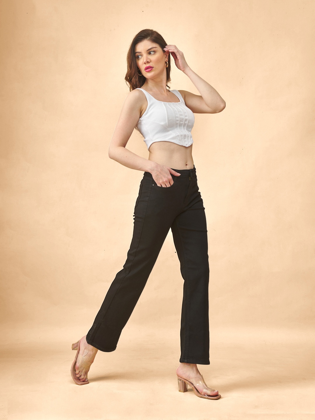 

LYRA Women Mid Rise Stretchable Straight Fit Flared Jeans, Black