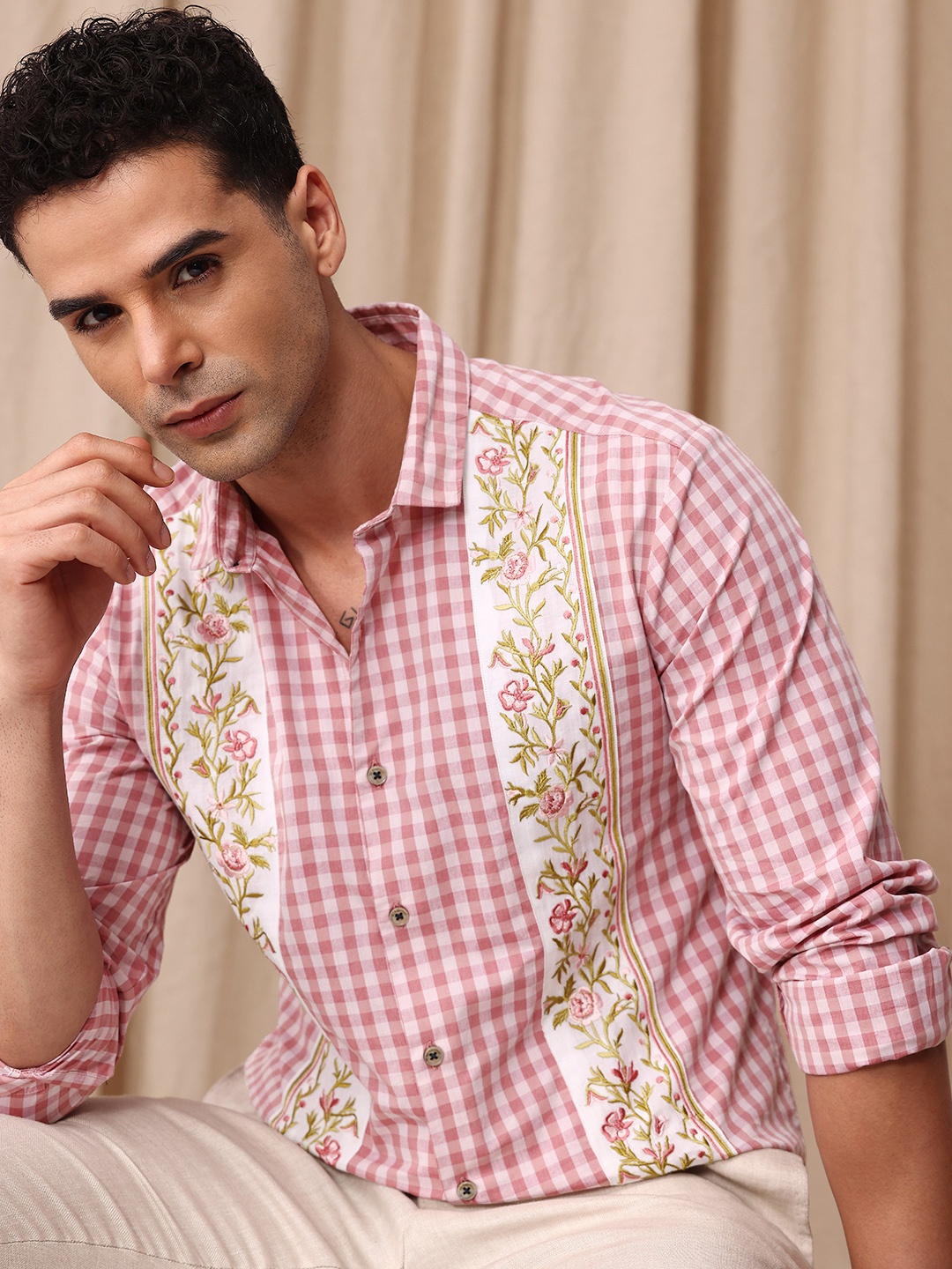 

Mr Bowerbird Men Premium Tailored Fit Checked Pure Cotton Casual Shirt, Pink
