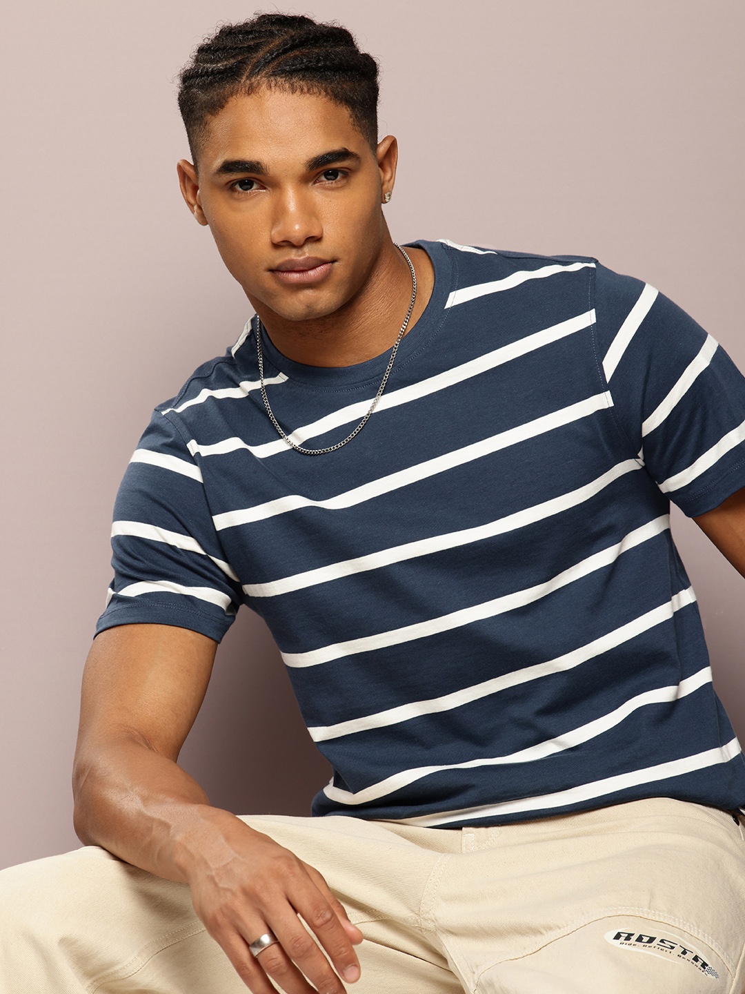 

Kook N Keech Men Striped Pure Cotton T-shirt, Navy blue
