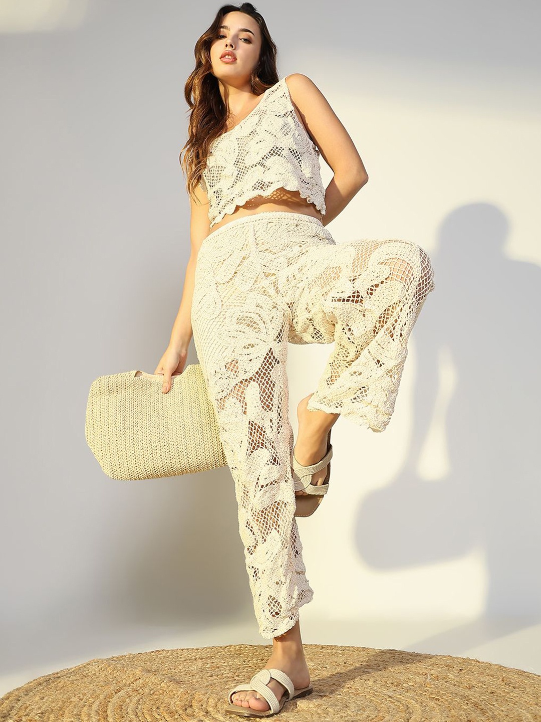 

SHOWOFF Self Design Top With Trouser, Cream
