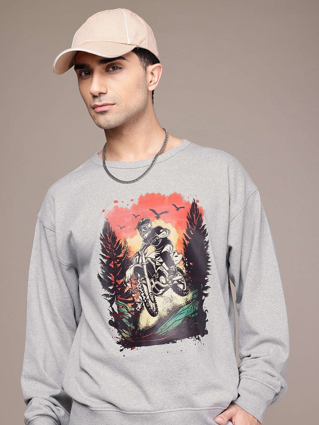 

The Roadster Lifestyle Co. Men Printed Relaxed Fit Sweatshirt, Grey melange