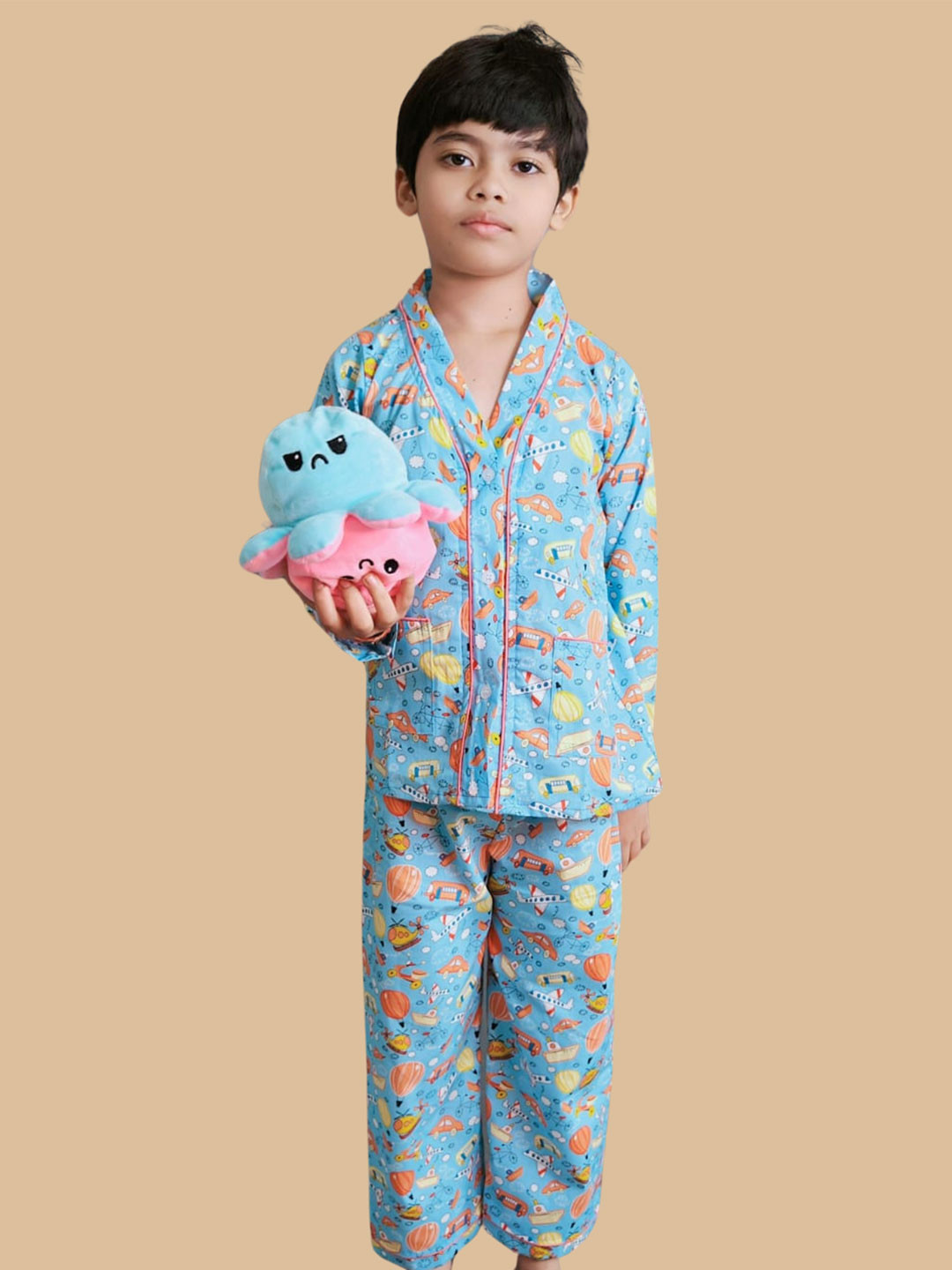 

Noty Boys Printed V-Neck Long Sleeves Shirt & Pyjamas Night suit, Blue