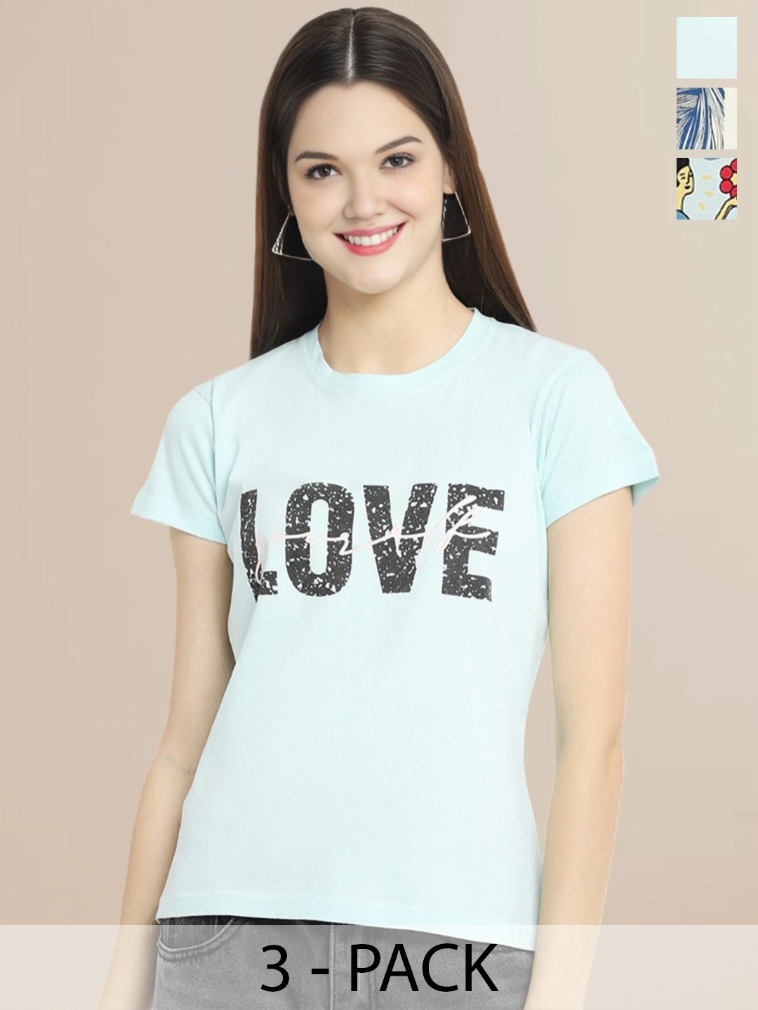 

Metronaut Women Pack Of 3 Typography Printed Round Neck Cotton T-shirts, Sea green