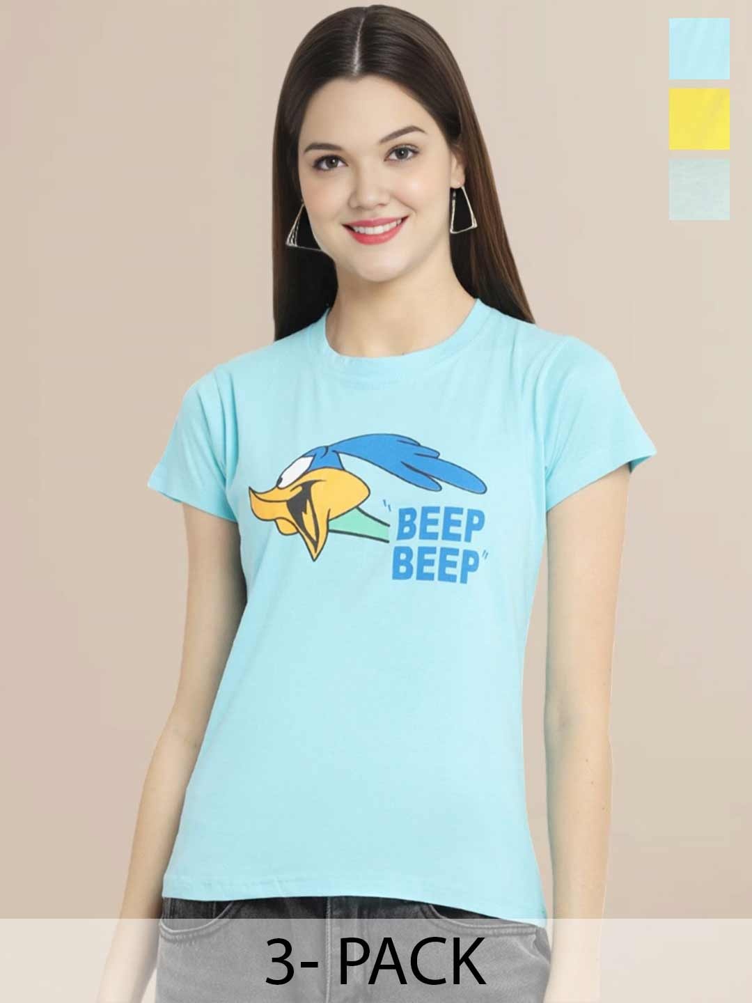 

Metronaut Women Pack Of 3 Typography Printed Round Neck Cotton Looney Tunes T-shirts, Sea green