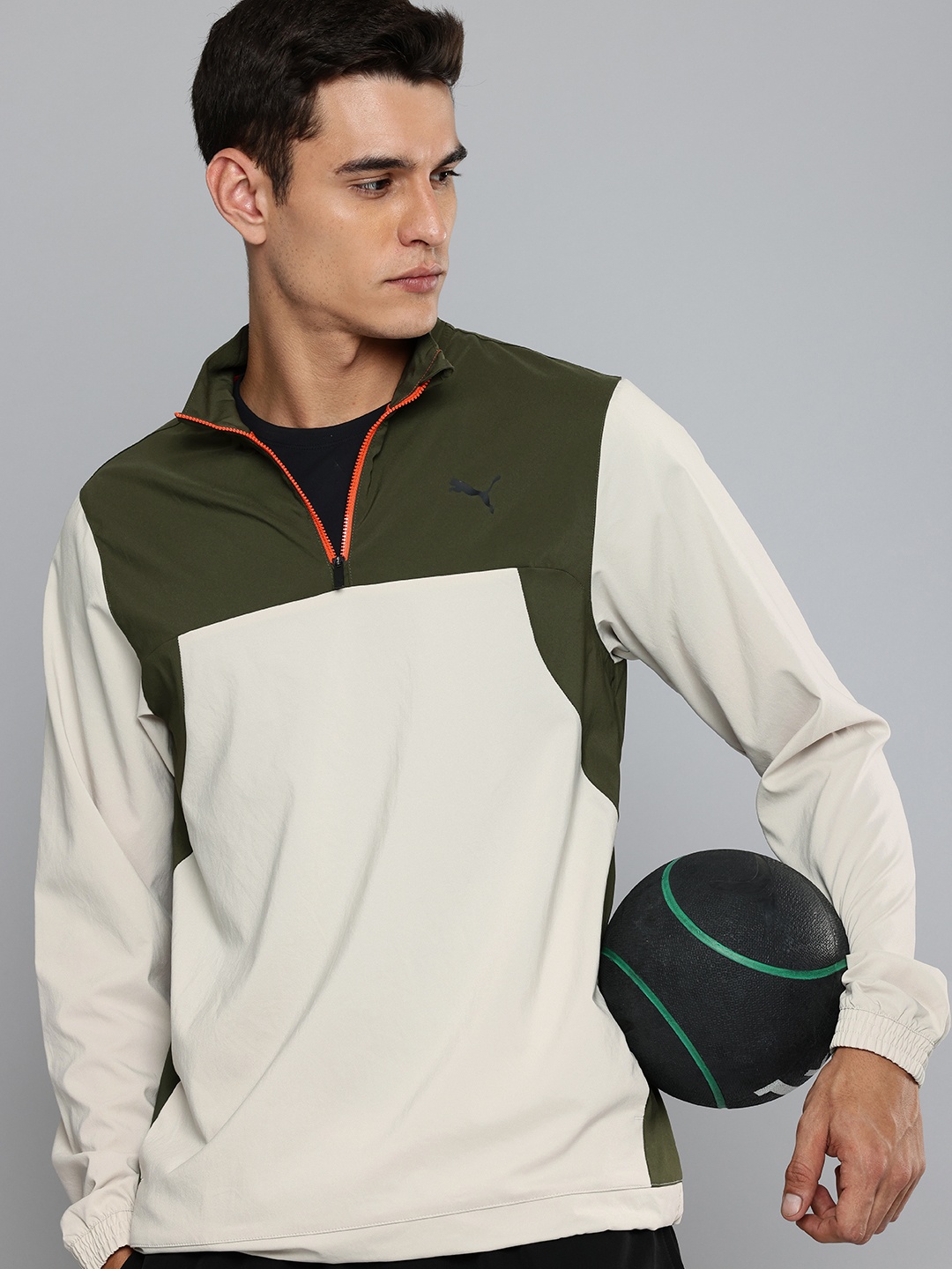 

Puma Fit Trend Woven Drycell Colourblocked Mock Collar Training Sporty Jacket, Olive