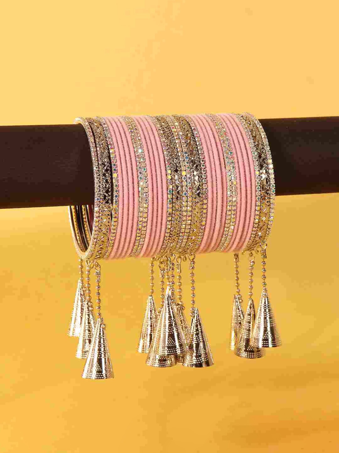 

NMII Set Of 32 Zircon Diamond Stone-Studded Latkan Bangles, Pink